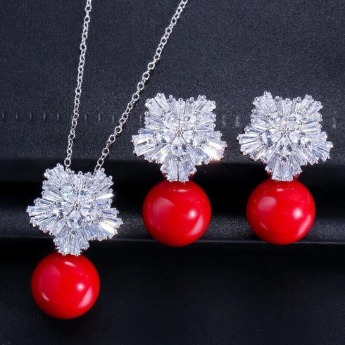 Luxury Red Pearl 18K White Gold-Plated Zirconia Necklace & Drop Stud Earrings